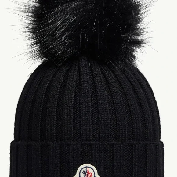 Moncler Black Beanie with Faux Fur Pom Pom - Picture 1 of 2